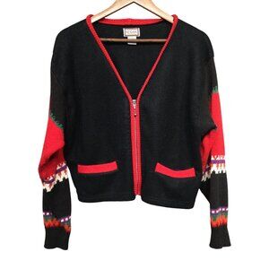 Vintage 90s 62 East Womens Aztec Cardigan Sweater Zip Front Black Red Western M